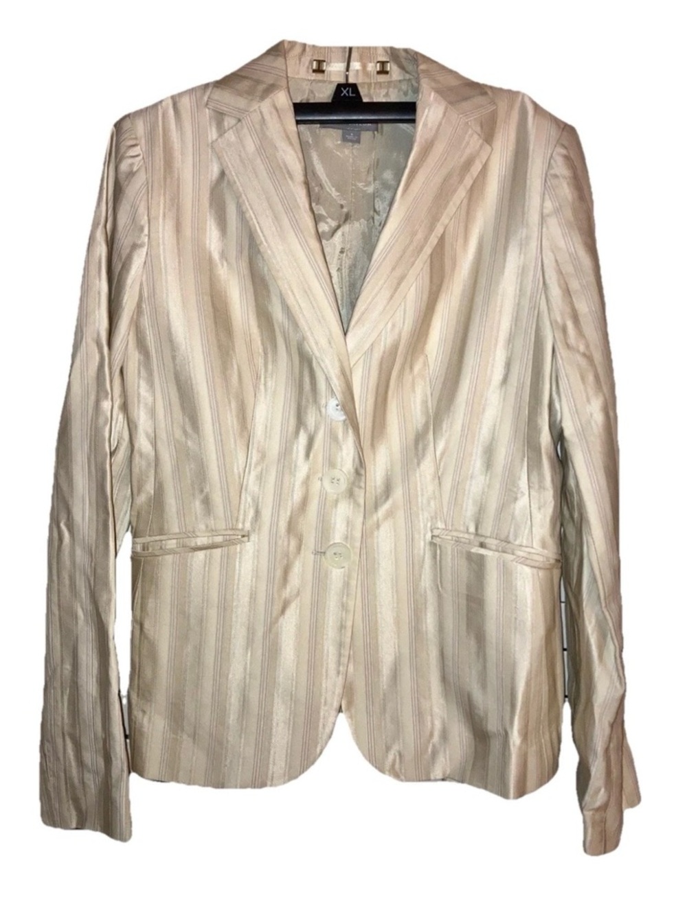 Champagne Ann Taylor Striped 3-Button Long Sleeve Workwear Office Jacket Blazer